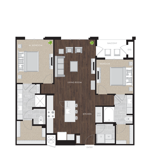 Floor plan for 2 beds, 2 baths, 1305 sqft